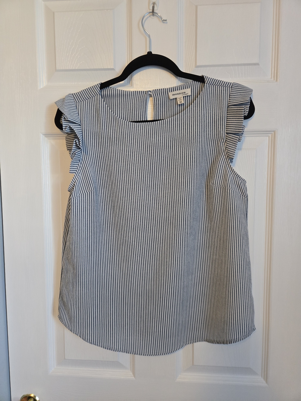 Monteau White and Blue Striped Ruffle Cap Sleeve Blouse